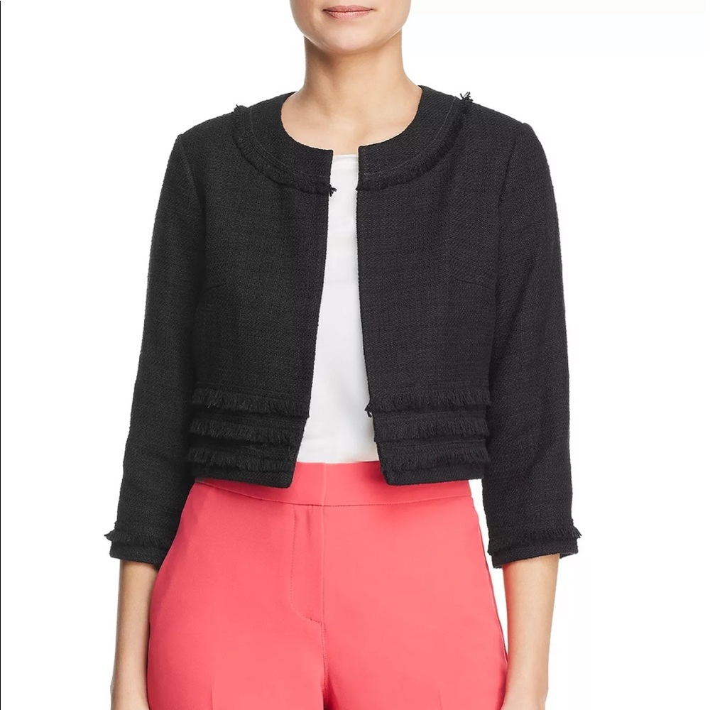 Karl Lagerfeld Paris Frayed Tweed Cropped Jacket Navy Blue
